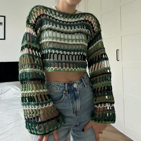 Crochet MultiColor Cropped Sweater - Picture 1 of 7